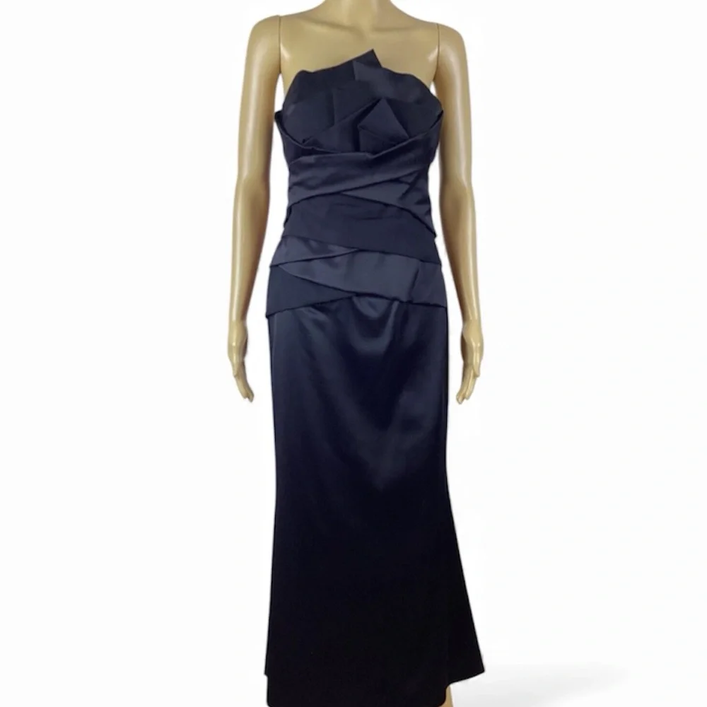Coast Women’s Black Satin Strapless Evening Long Dress Front Modern Ruffles 8